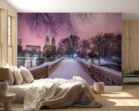 Bow Bridge winter mural on a bedroom feature wall in pink and grey tones.