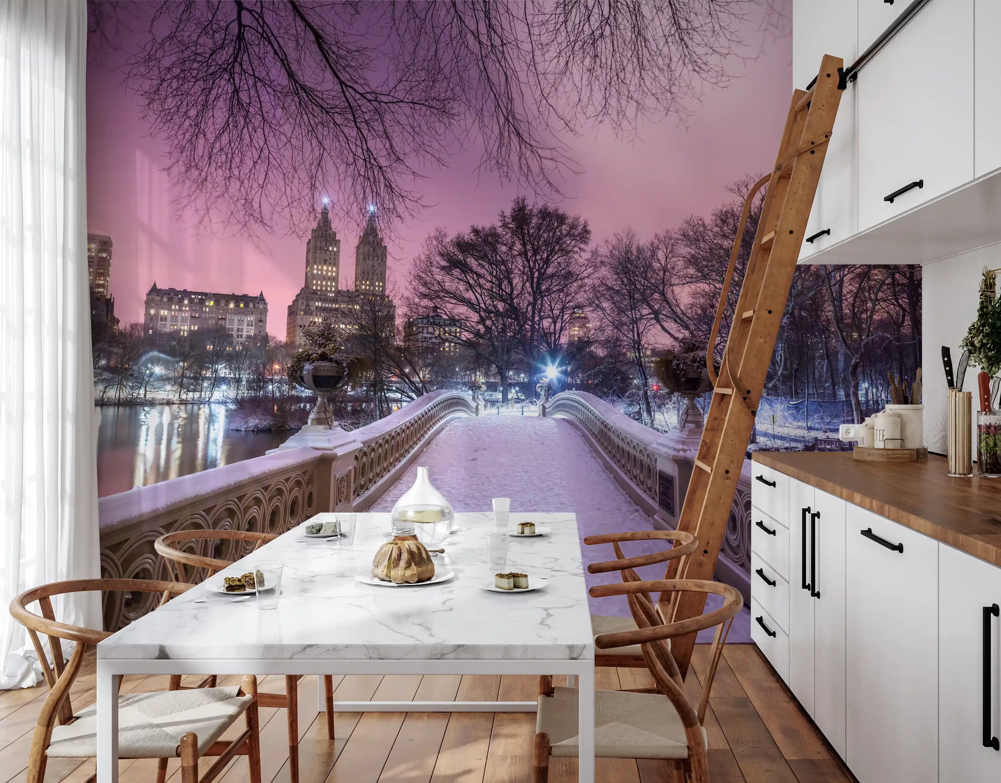 Central Park skyline mural with twin towers glowing behind frosted trees.