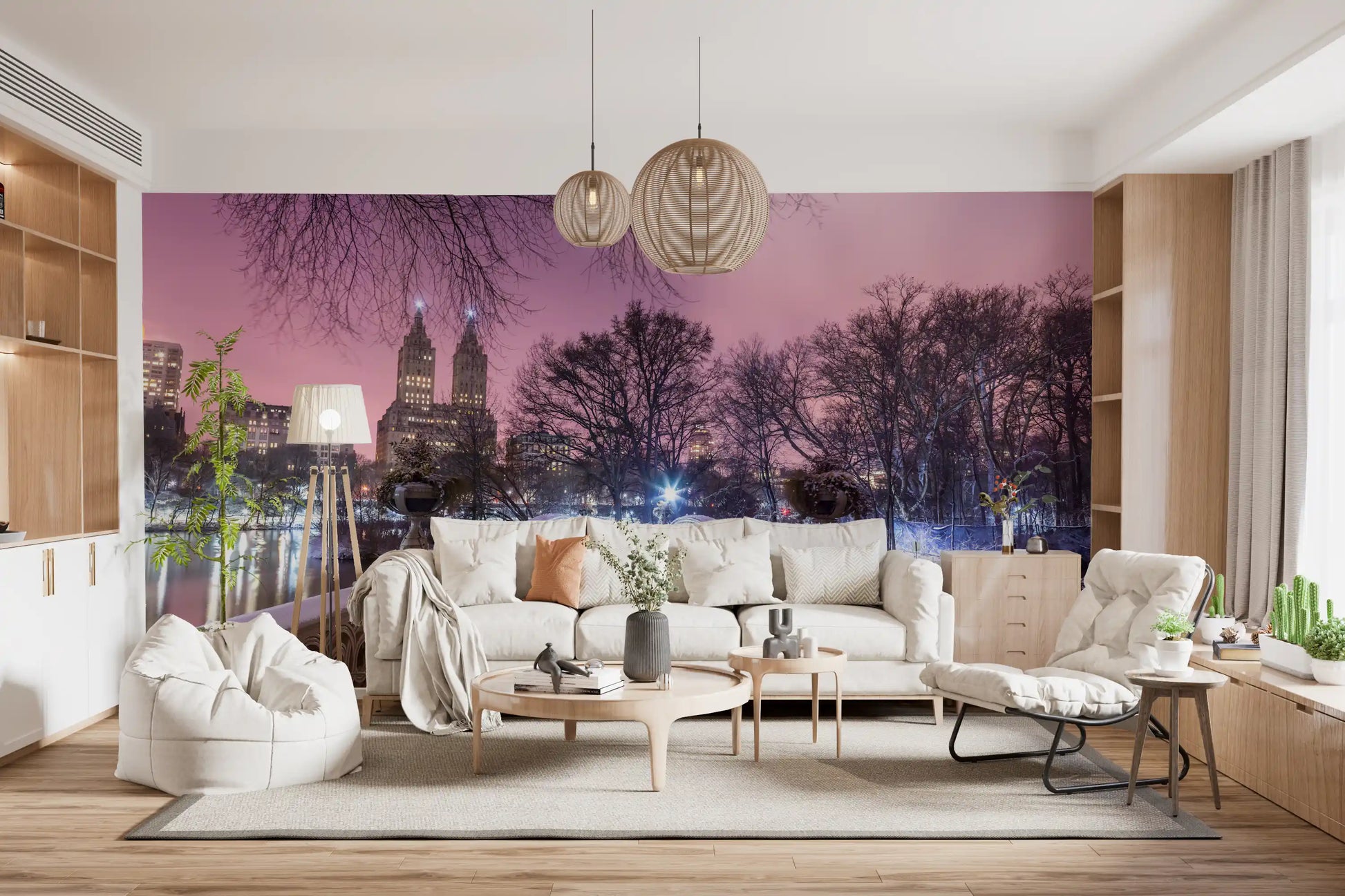 ink and mauve dusk sky over a snowy Central Park bridge in this landscape mural.