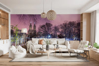 ink and mauve dusk sky over a snowy Central Park bridge in this landscape mural.