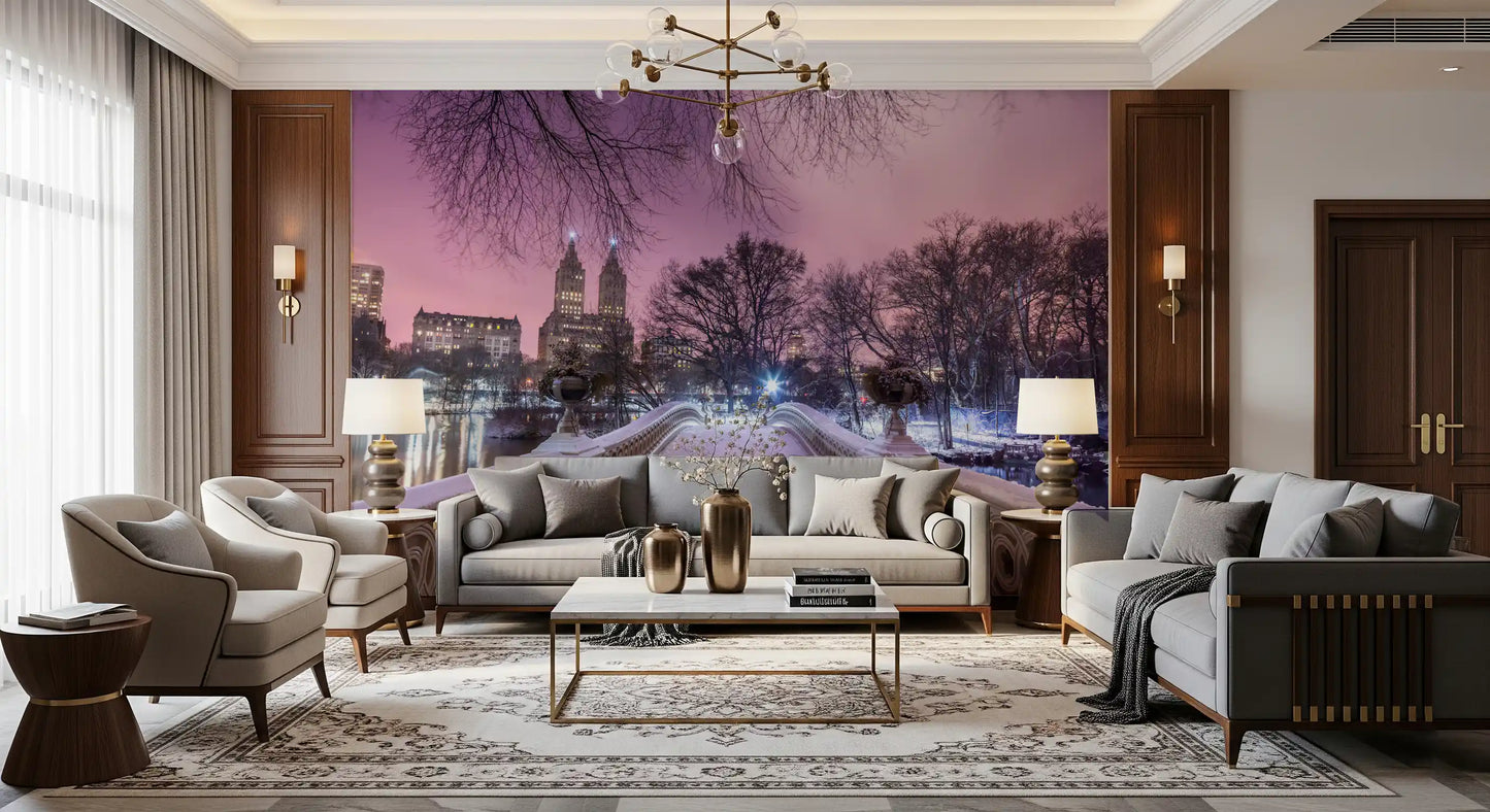 Snowy Central Park city mural across a living room accent wall at dusk. 