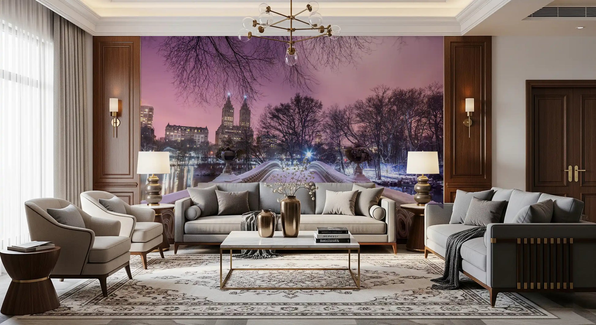 Snowy Central Park city mural across a living room accent wall at dusk. 