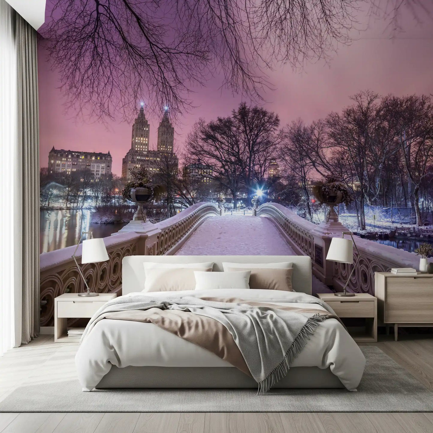 Wall mural with detailed view of the cast-iron bridge railing under fresh snow.