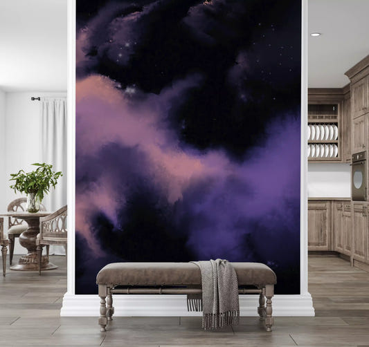 Nebula galaxy wall mural with purple mist and scattered white stars.