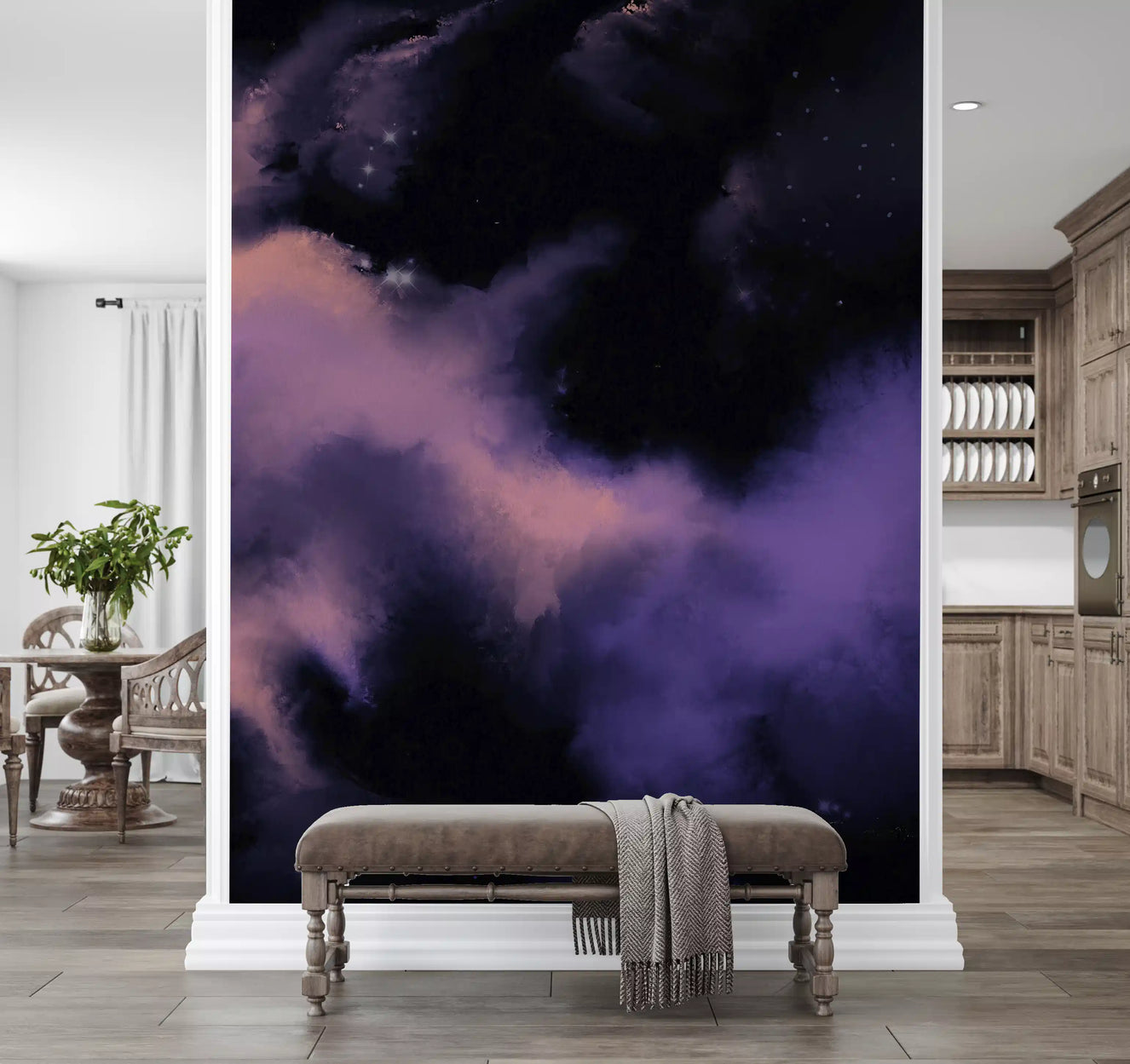 Nebula galaxy wall mural with purple mist and scattered white stars.