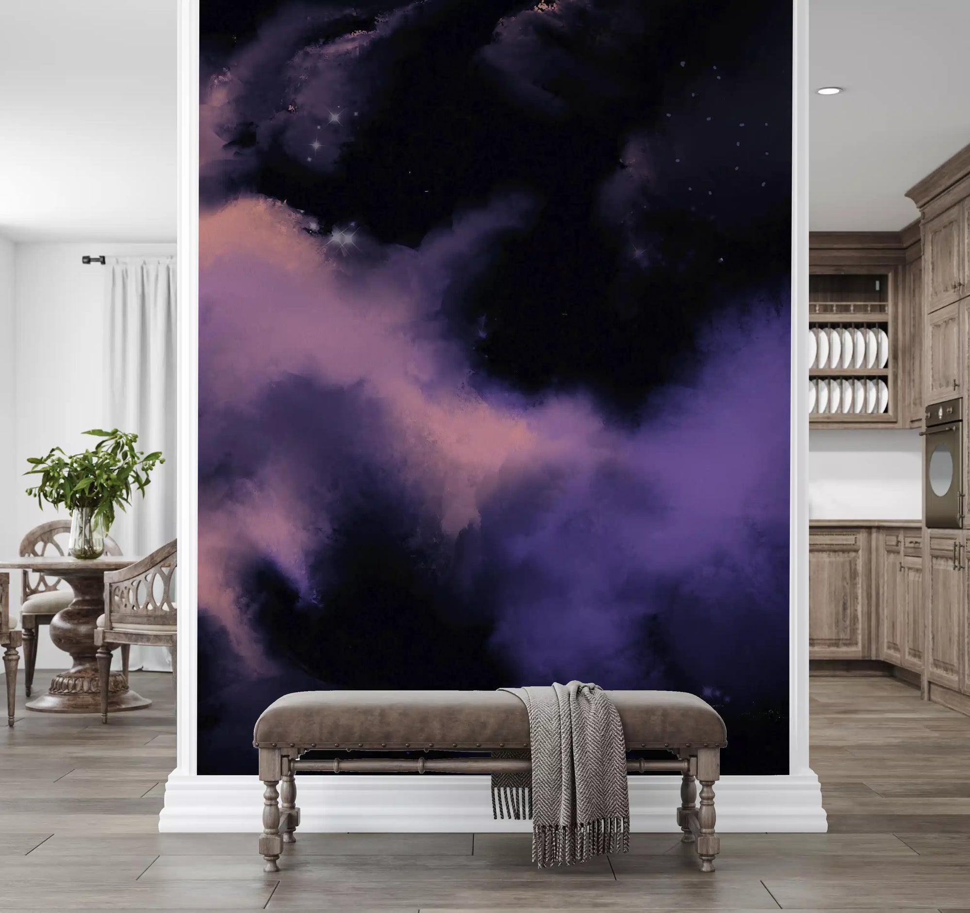 Nebula galaxy wall mural with purple mist and scattered white stars., GD10162