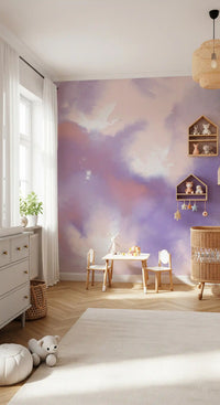 Dreamlike bird mural with cranes rising through a pastel purple and coral sky, GD10163