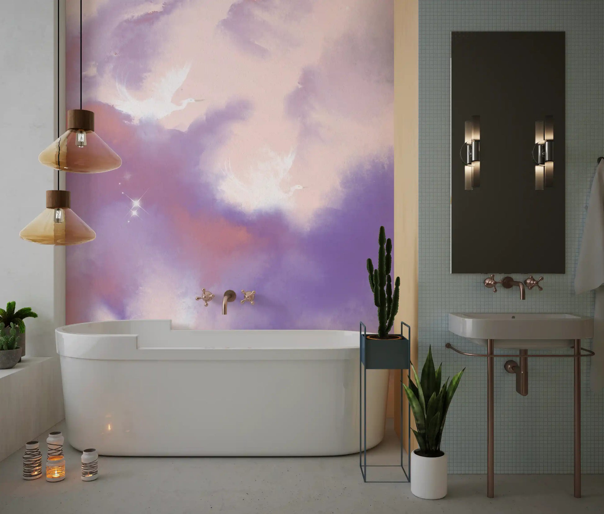 Wall mural with detailed view of a white crane in flight against a blended pink sky, GD10163