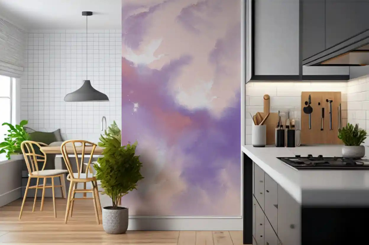 Lavender and blush sky mural with pale flying cranes and faint sparkle accents., GD10163