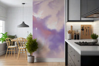 Lavender and blush sky mural with pale flying cranes and faint sparkle accents., GD10163