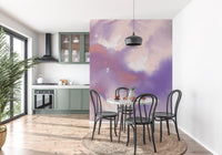 Flying crane mural on a dining room feature wall in lavender and peach tone, GD10163