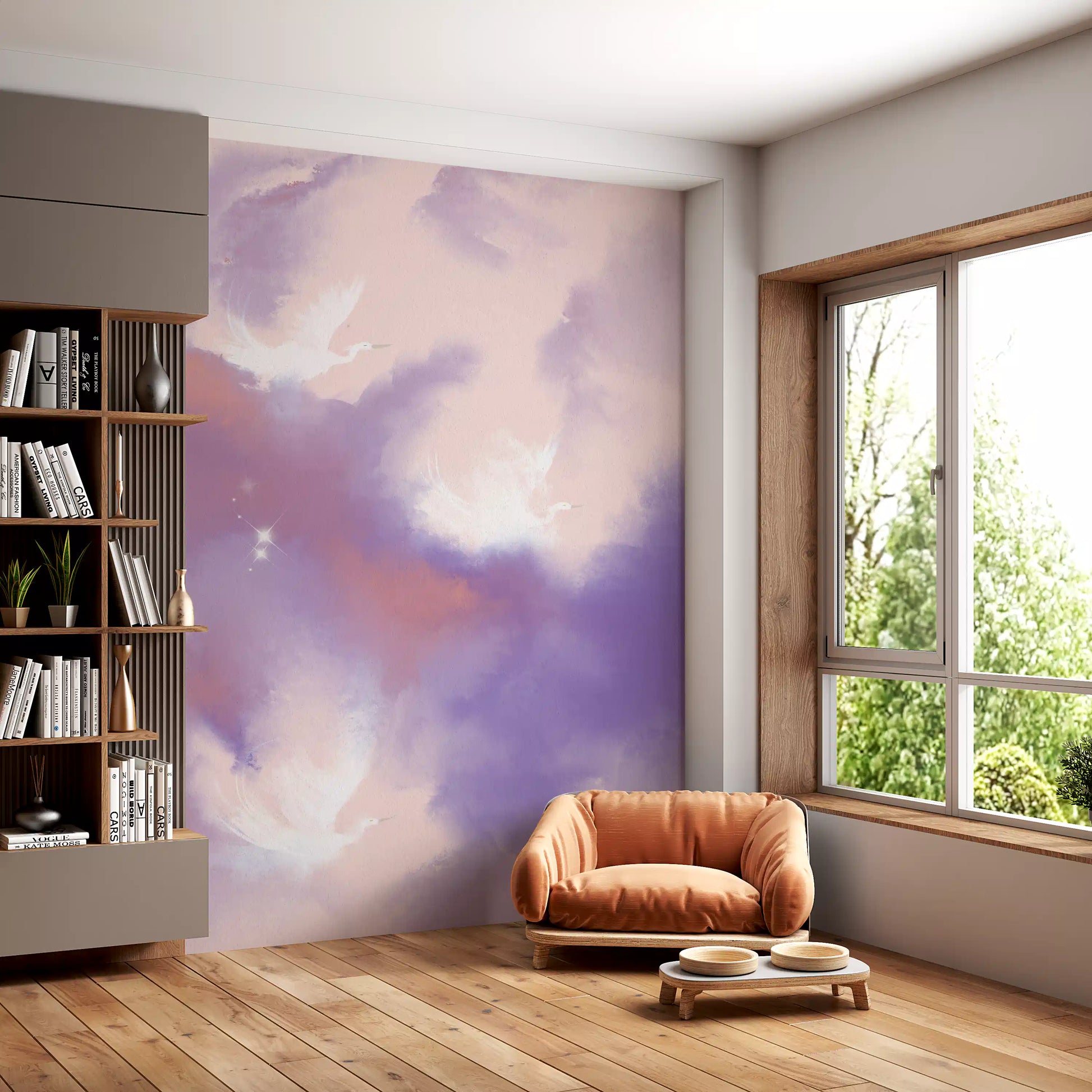 Soft watercolour bird mural across a hallway accent wall in pink and purple, GD10163