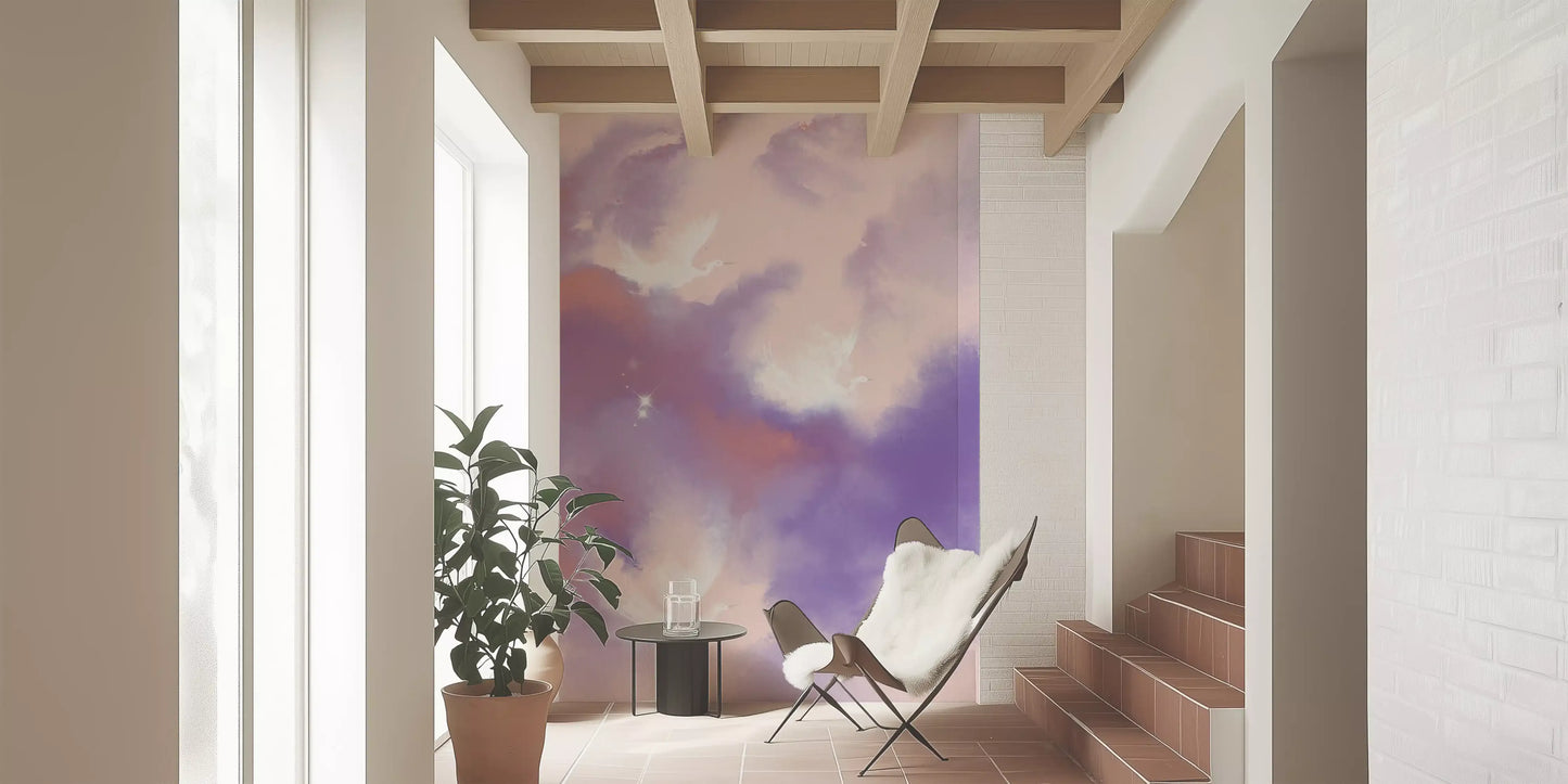 Calm bird mural in muted lavender, blush and peach with a low-contrast finish., GD10163