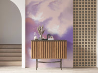 Painterly bird mural with white cranes drifting through misty purple and pink clouds., GD10163