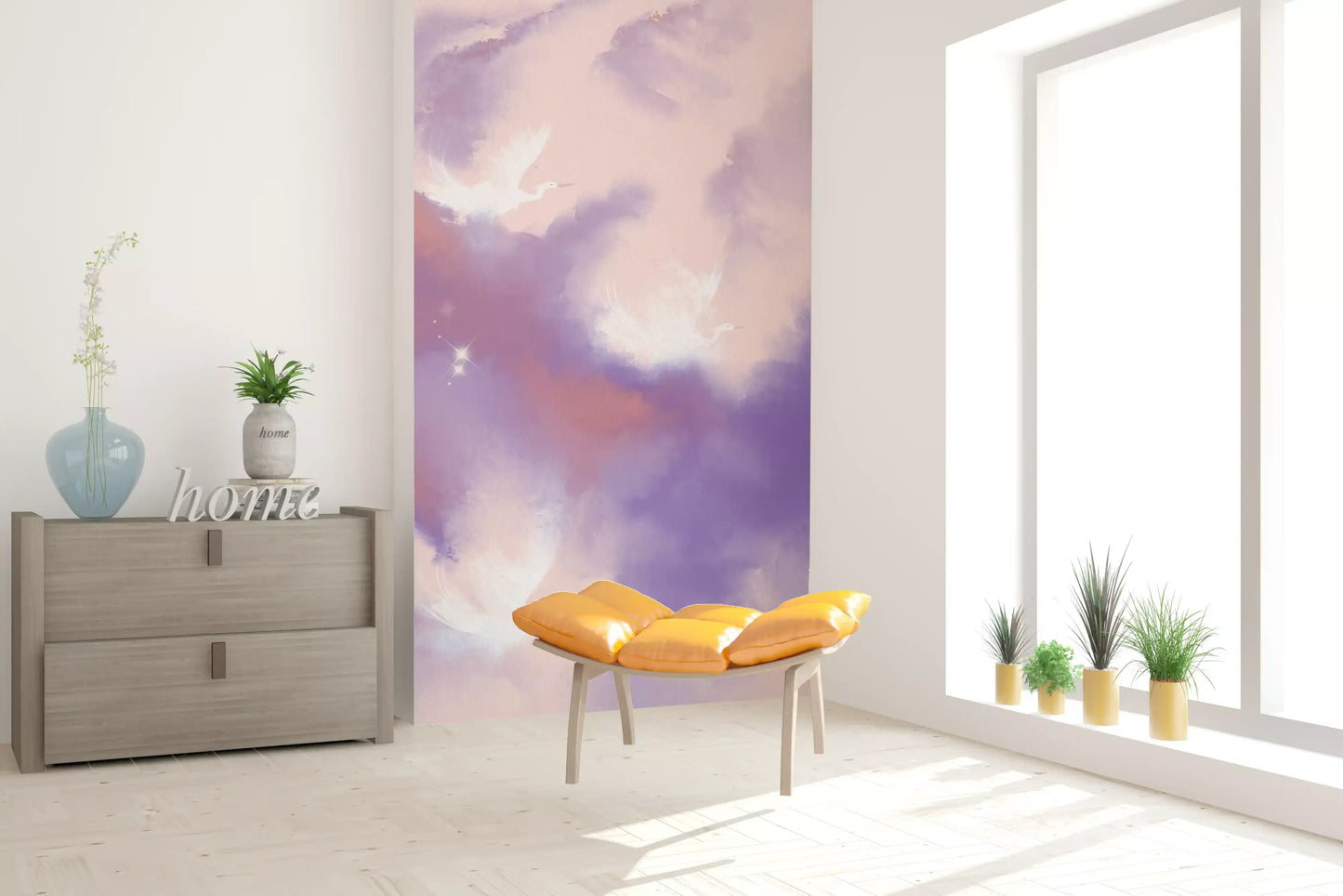 Watercolour sky mural with three white cranes spread across soft clouds., GD10163
