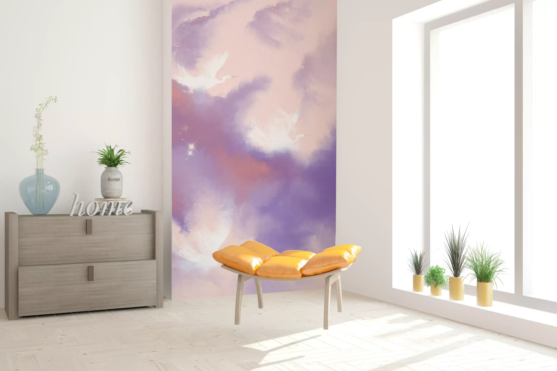 Watercolour sky mural with three white cranes spread across soft clouds., GD10163