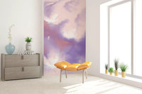 Watercolour sky mural with three white cranes spread across soft clouds., GD10163