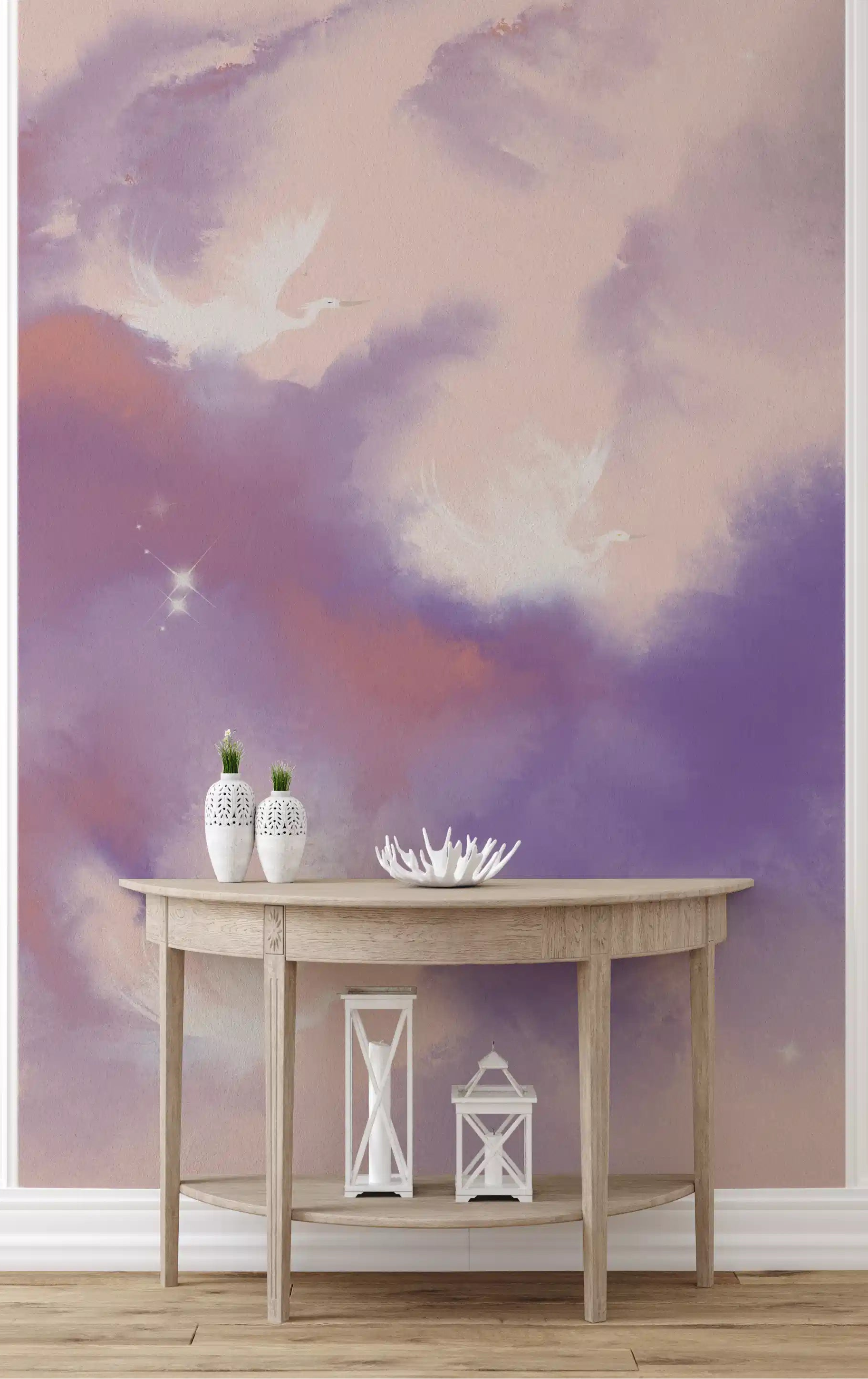 Birds wall mural with white cranes flying across a lavender and pink watercolour sky in hallway., GD10163