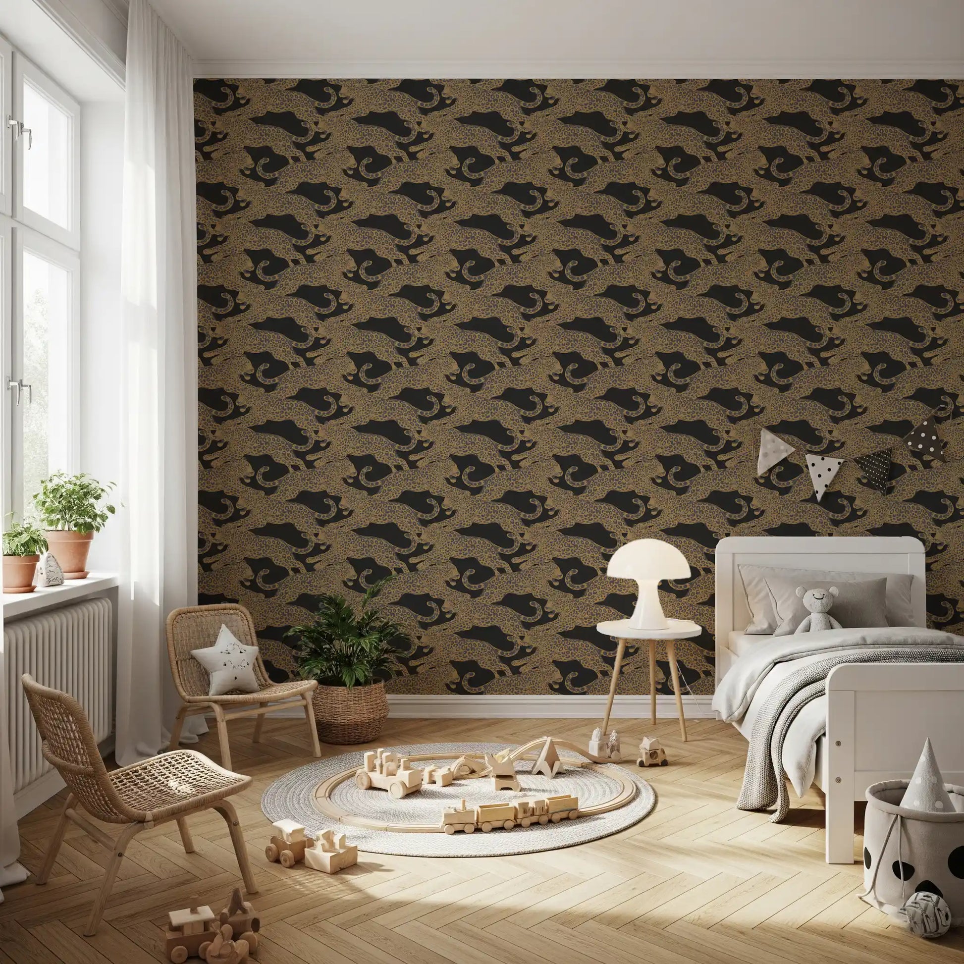 Big cat repeat wallpaper covering a bedroom accent wall surface., GD10164