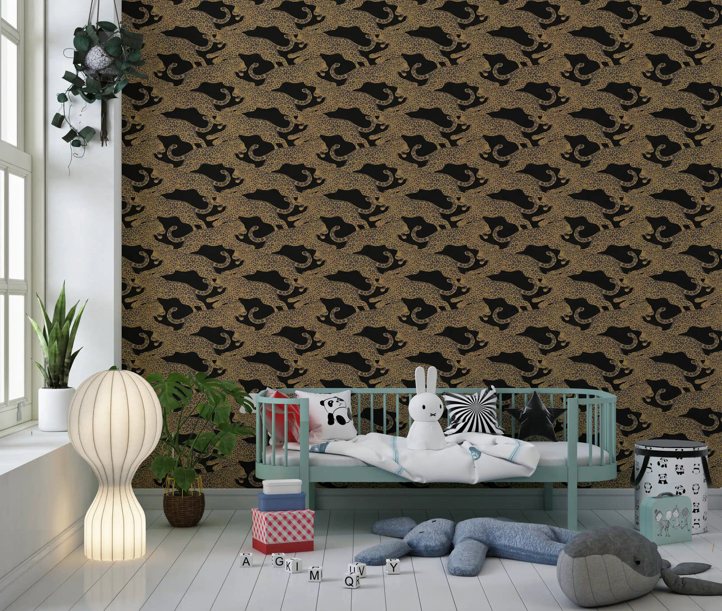 Striding big cats facing alternating ways on a black pattern wallpaper for nursery., GD10164