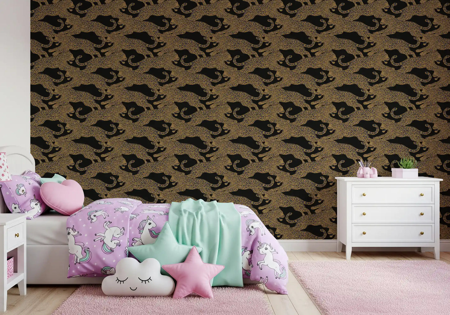 Golden tan leopards with shaded grey markings on deep black wallpaper., GD10164