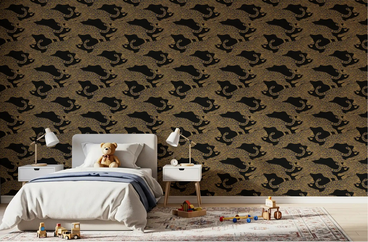 Prowling leopards pattern wallpaper with golden cats on a black ground for kids bedroom., GD10164