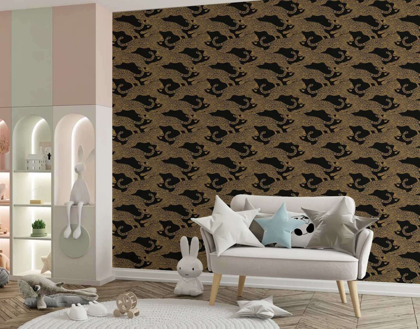 Close rows of spotted leopards in warm gold over a black background wallpaper., GD10164