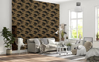 Directional leopard pattern wallpaper tiling cleanly across a wide living room wall., GD10164