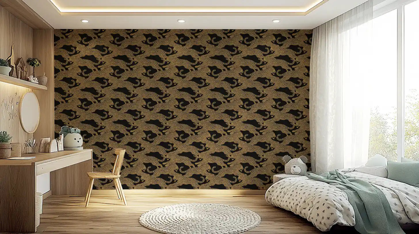 Repeating leopard motif in tan and grey spots across a dark wallpaper., GD10164