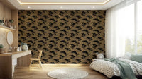 Repeating leopard motif in tan and grey spots across a dark wallpaper., GD10164