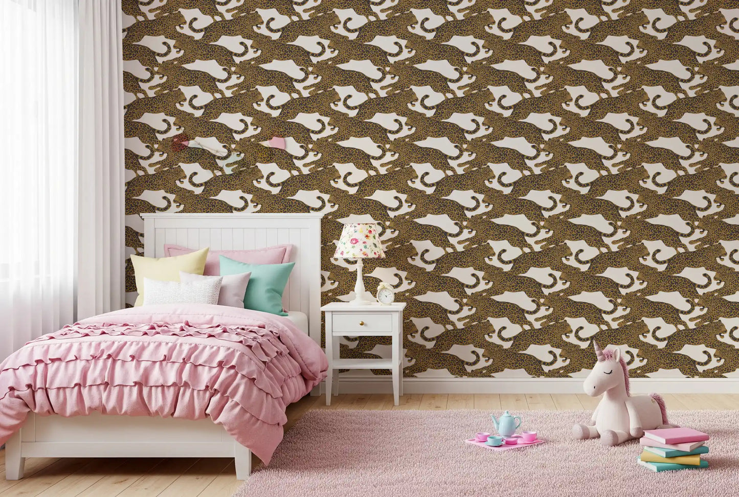 Golden Leopard Chase wallpaper on a kids bedroom accent wall with cream and tan tones., GD10165