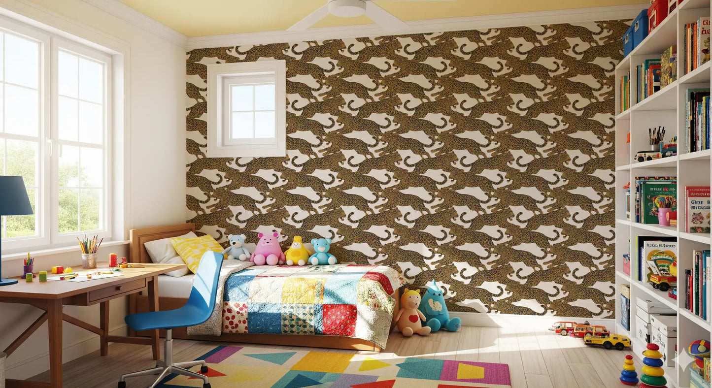Animal wallpaper featuring interlocking golden leopards across a soft off white ground., GD10165