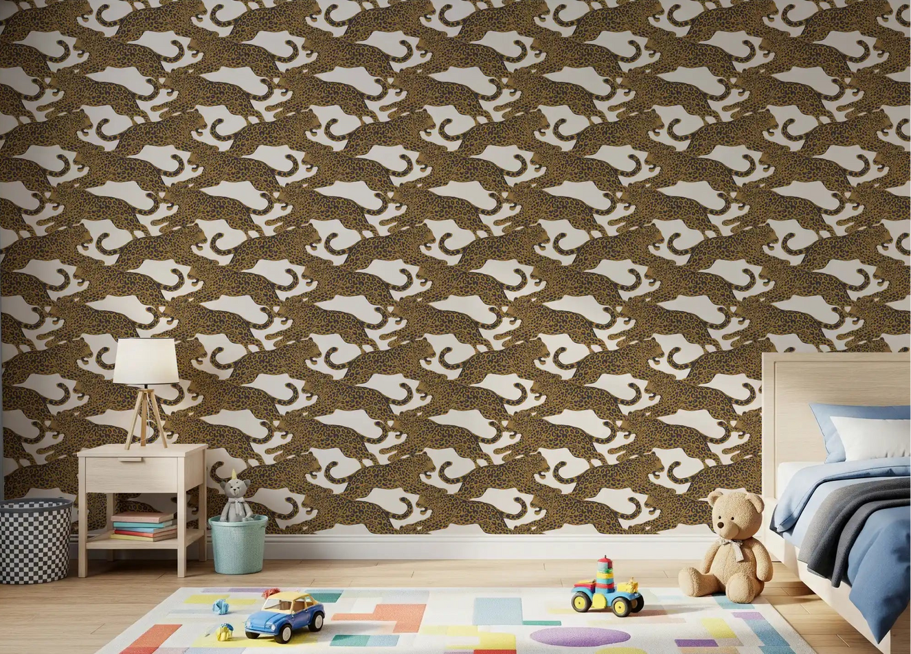 Leaping leopard pattern wallpaper across a kids bedroom feature wall in gold and charcoal.