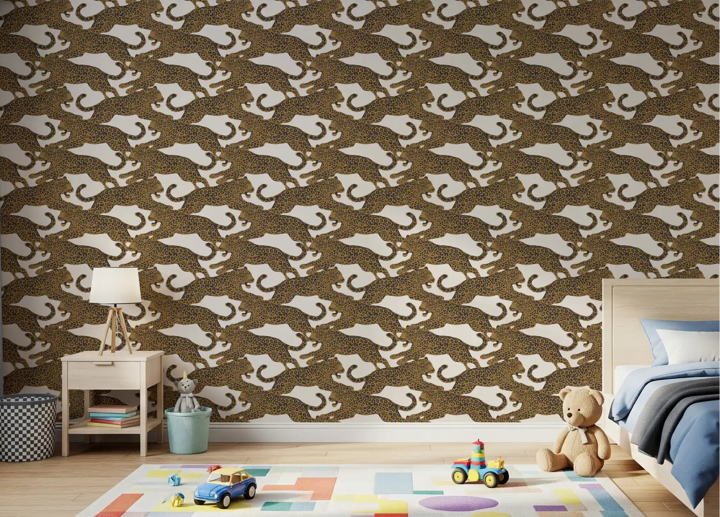 Leaping leopard pattern wallpaper across a kids bedroom feature wall in gold and charcoal., GD10165