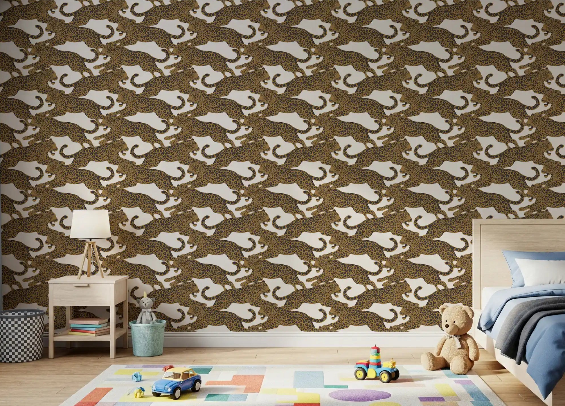 Leaping leopard pattern wallpaper across a kids bedroom feature wall in gold and charcoal., GD10165