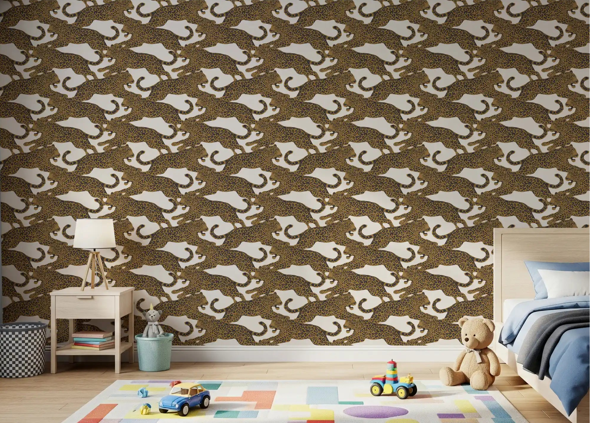Leaping leopard pattern wallpaper across a kids bedroom feature wall in gold and charcoal., GD10165