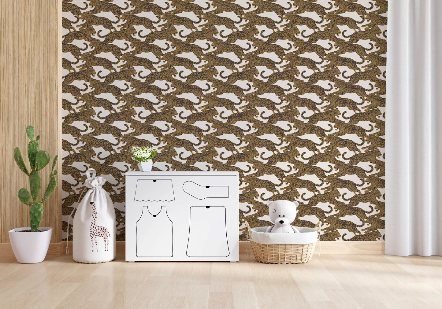Tan and black leopard wallpaper with a continuous chasing big cat motif in nursery area., GD10165