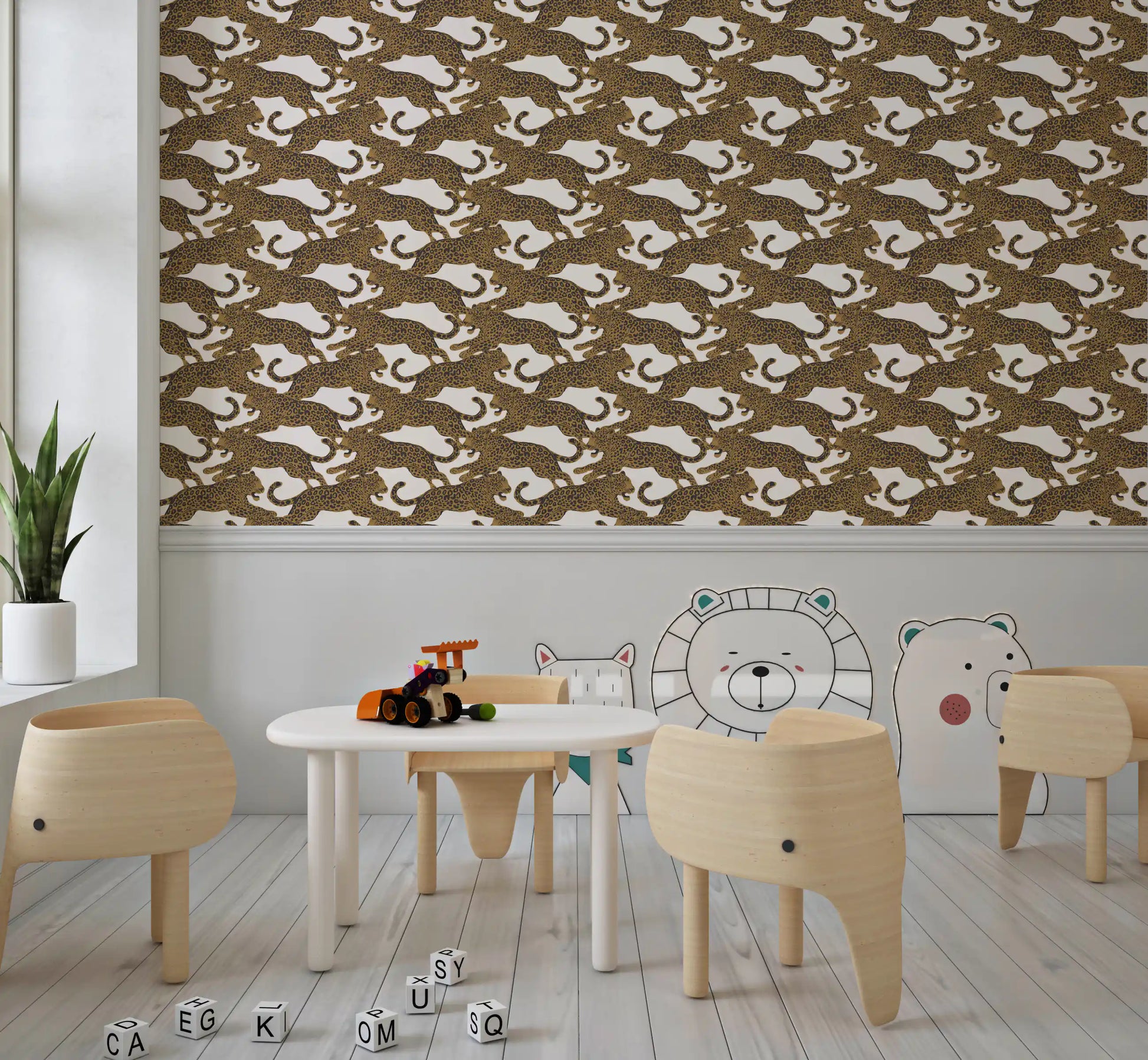 Leopard chase wallpaper on a kids room wall bringing a warm boho mood., GD10165