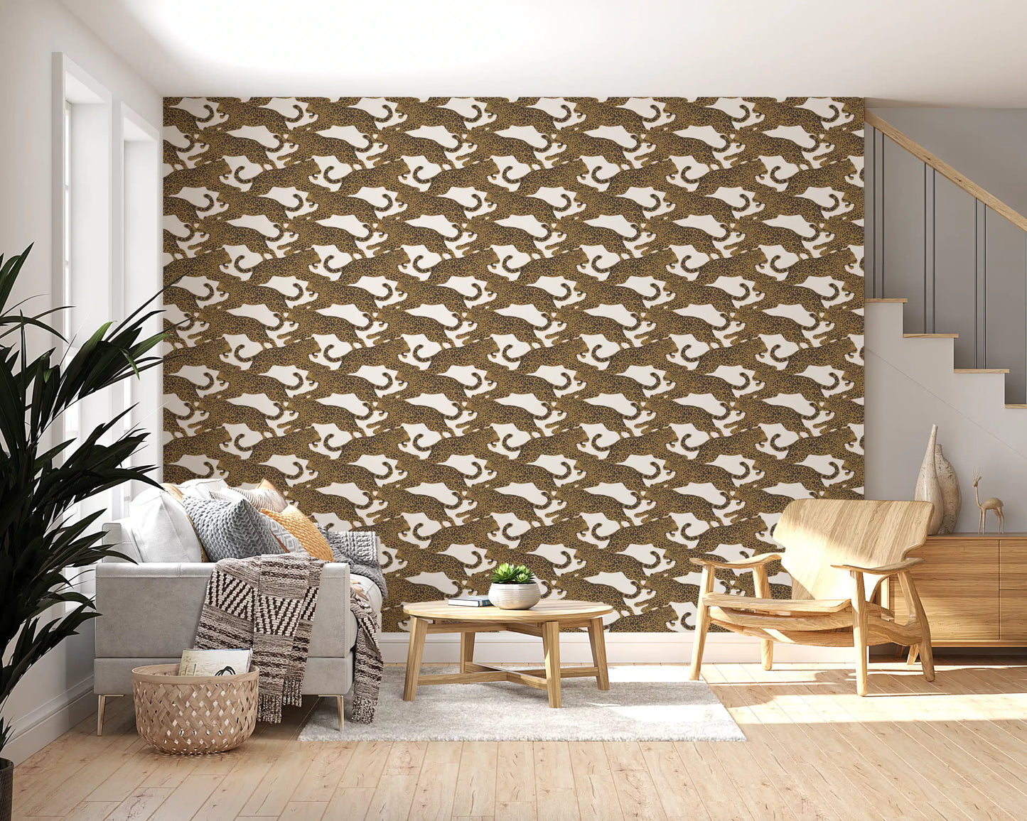Leopard pattern wallpaper in warm gold tones with dark spotted detailing in living room., GD10165