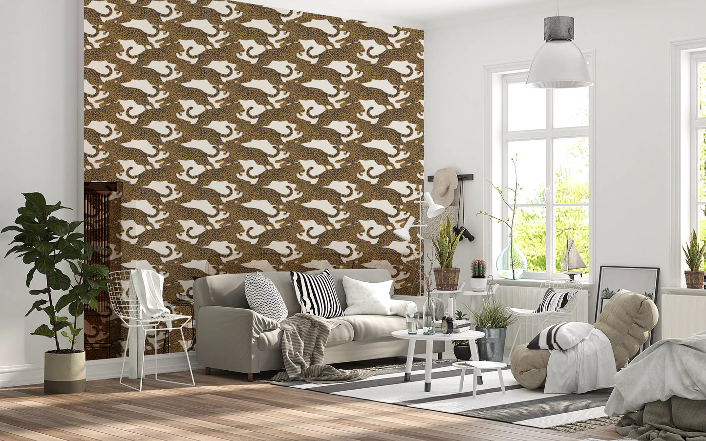 Repeating leopard pattern wallpaper showing big cats in mid stride with rosette spots., GD10165