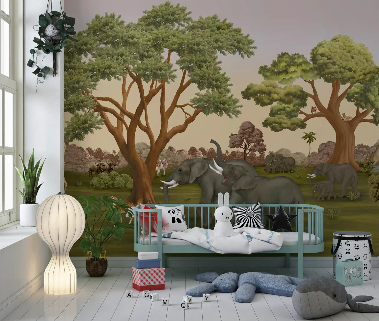 Tall giraffe standing beside a broad tree in a savanna wall mural for toddler room.