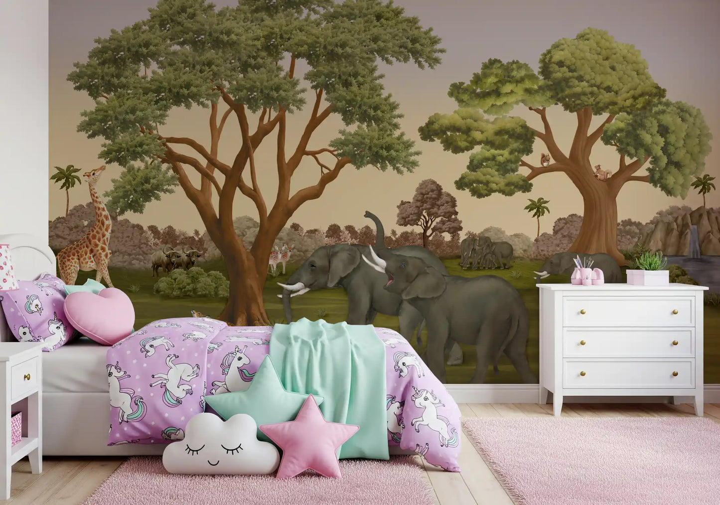 Rocky waterfall and palm trees on the right side of the animal wall mural., GD10167