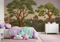 Rocky waterfall and palm trees on the right side of the animal wall mural., GD10167