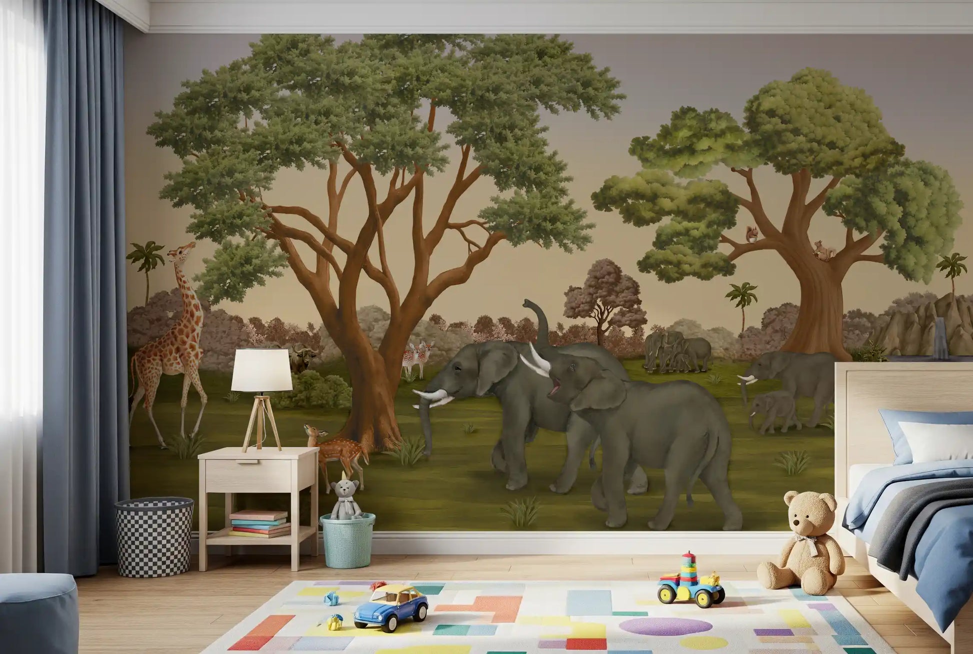 Baby elephant following the herd near a rocky waterfall in a wall mural, GD10167