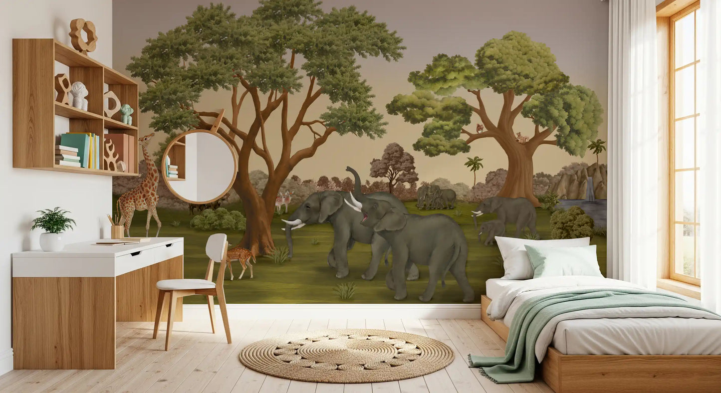 Wildlife mural covering a kids bedroom wall with elephants and trees., GD10167