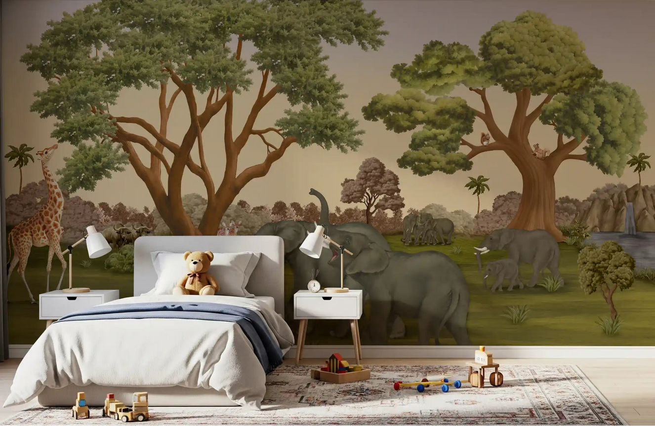 Savanna animal wall mural with grey elephants walking across green grassland in kids bedroom.