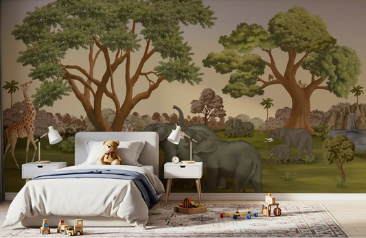 Savanna animal wall mural with grey elephants walking across green grassland in kids bedroom.
