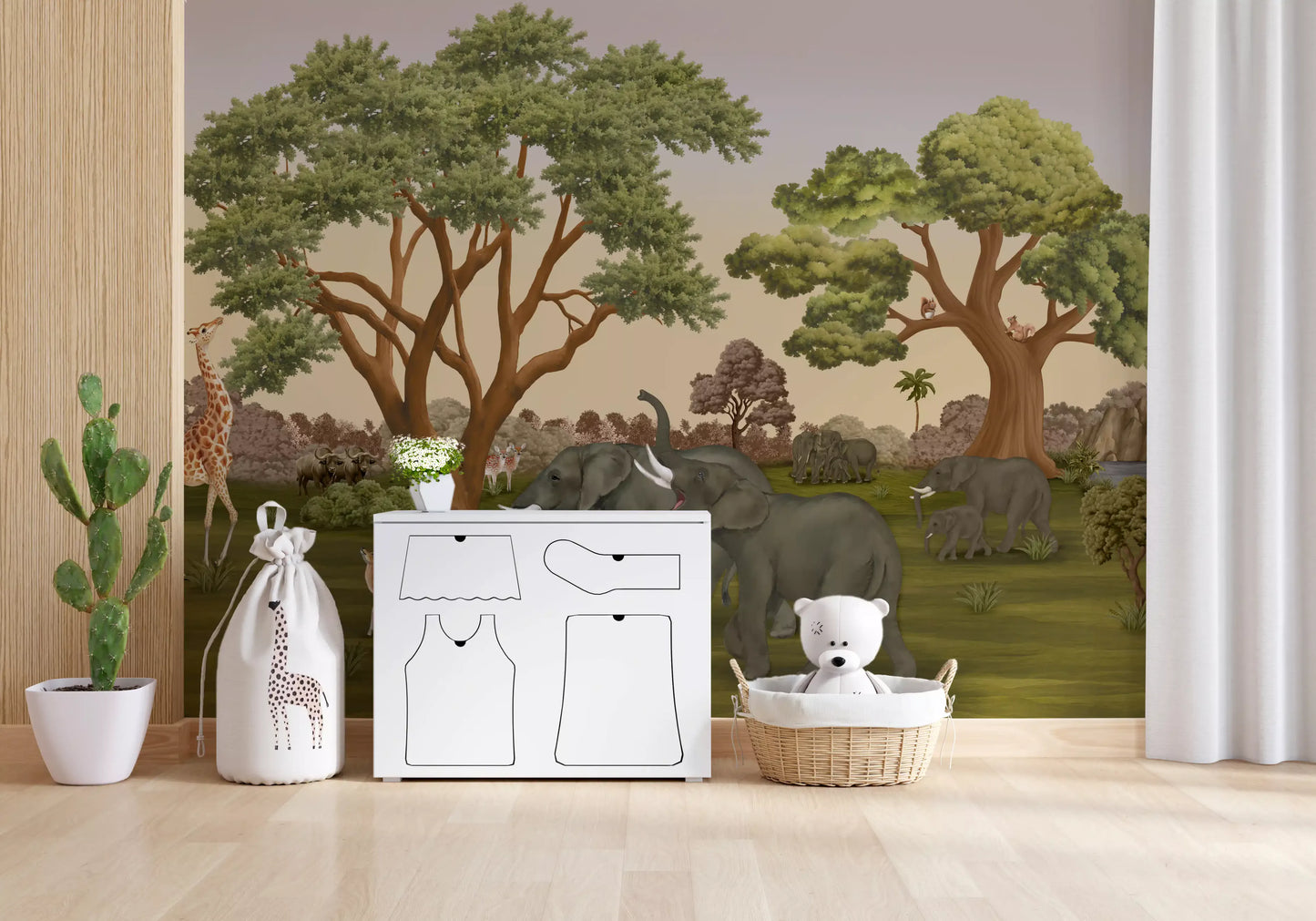 Savanna animal mural styled on a kids room feature wall., GD10167
