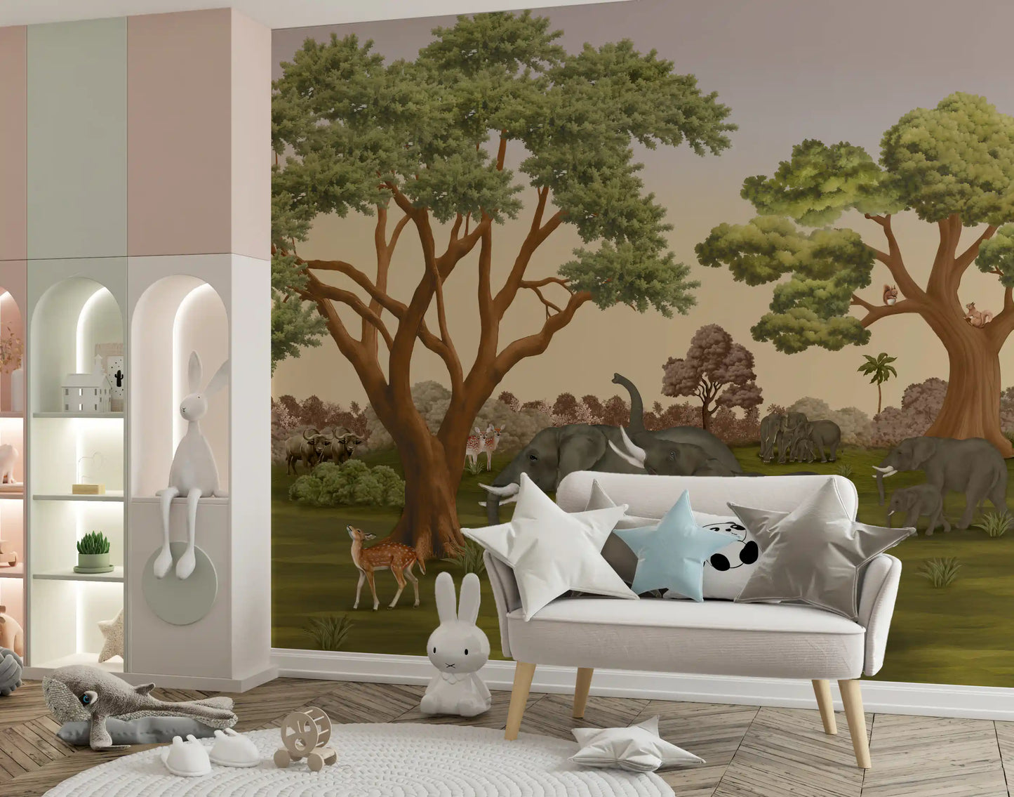 Layered green and copper trees with a hazy beige sky in a savanna mural., GD10167