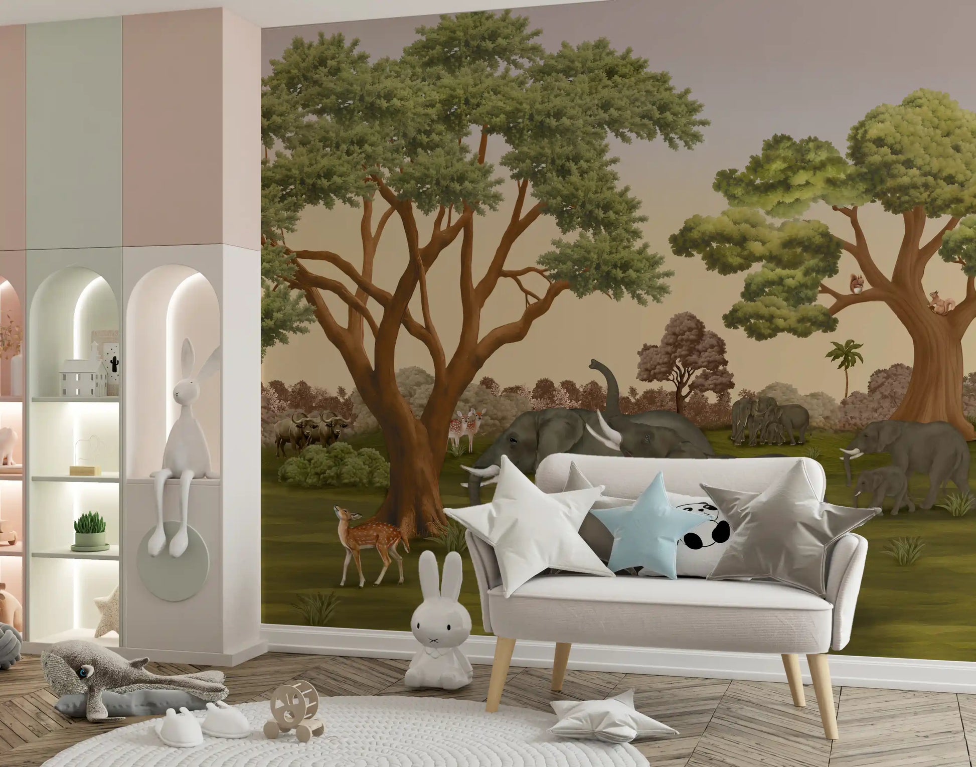 Layered green and copper trees with a hazy beige sky in a savanna mural., GD10167